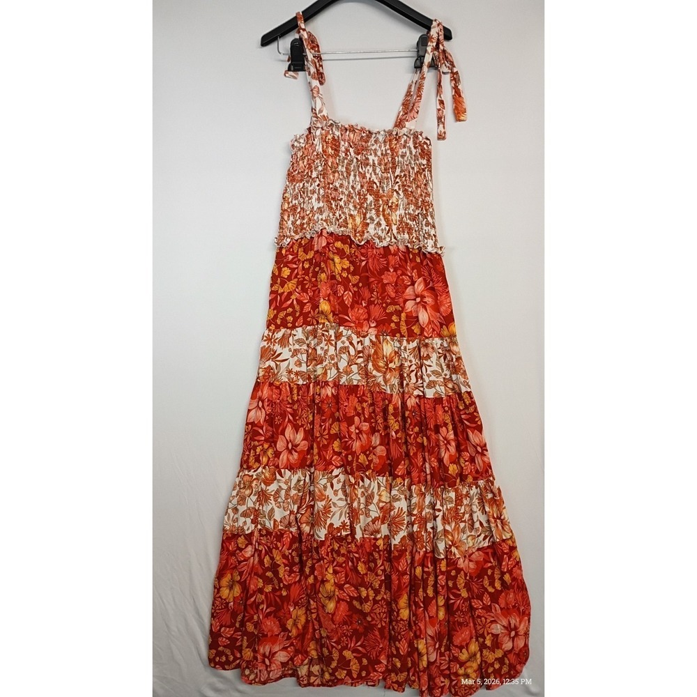 Abel The Label Floral Tiered Maxi Dress Boho Smocked Tie Strap Medium Sundress